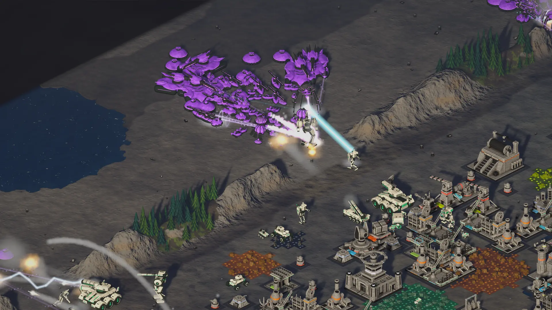 A development screenshot of LINEBORN: a combat mech stands in the middle of an alien swarm at a gap in the cliffs while lasers and rockets converge on it, with the factory below.
